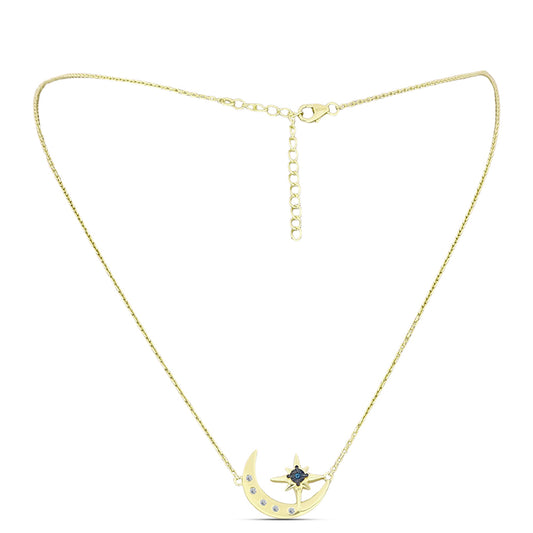 Colar de Prata com Banho de Ouro com Diamante Azul e Topázio Branco  Contraste: Cabeca de Veado (800)
