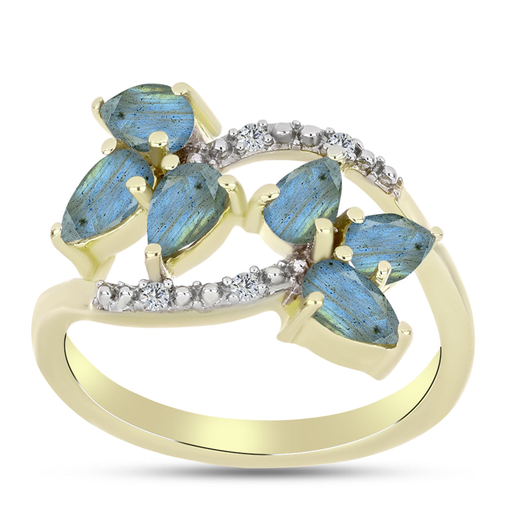 Anel de Prata com Banho de Ouro com Labradorite e Topázio Branco