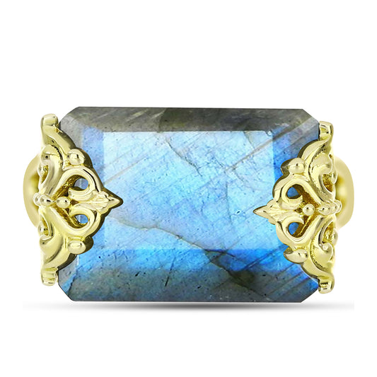 Anel de Prata com Banho de Ouro com Labradorite  Contraste: Cabeca de Veado (800)