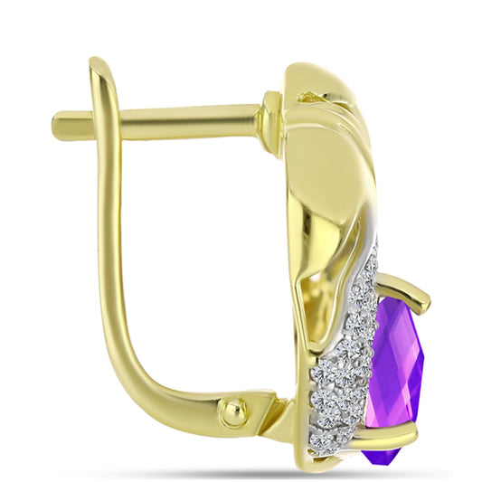 Brincos de Prata com Banho de Ouro com Ágata Roxa e Topázio Branco  Contraste: Cabeca de Veado (800)