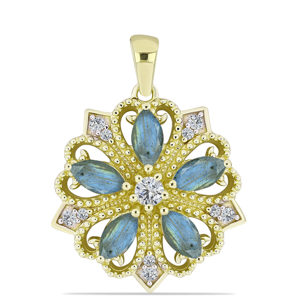 Pendente de Prata com Banho de Ouro com Labradorite e Topázio Branco