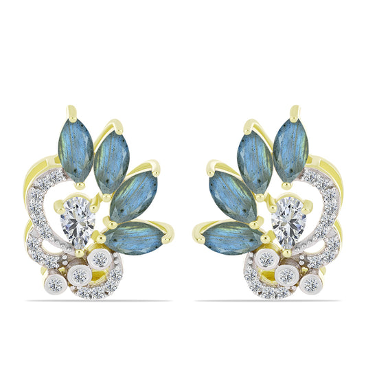 Brincos de Prata com Banho de Ouro com Labradorite e Topázio Branco