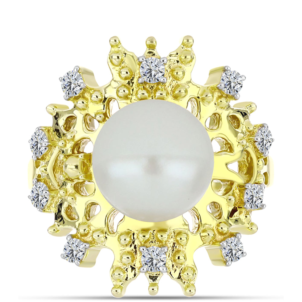Anel de Prata com Banho de Ouro com Pérola Branca de Água Doce e Topázio Branco  Contraste: Cabeca de Veado (800)