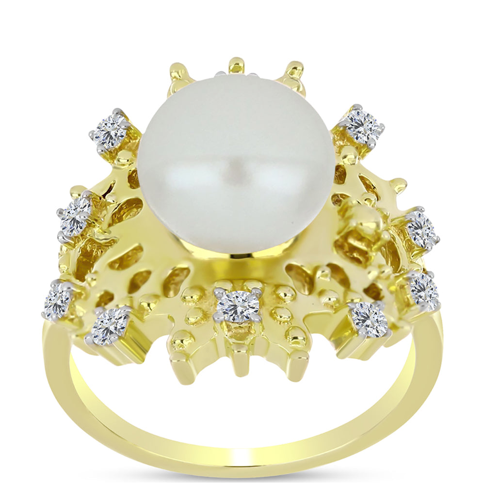 Anel de Prata com Banho de Ouro com Pérola Branca de Água Doce e Topázio Branco  Contraste: Cabeca de Veado (800) 3 