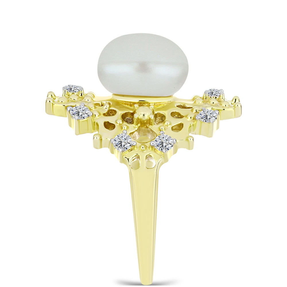 Anel de Prata com Banho de Ouro com Pérola Branca de Água Doce e Topázio Branco  Contraste: Cabeca de Veado (800) 4 