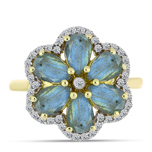 Anel de Prata com Banho de Ouro com Labradorite e Topázio Branco  Contraste: Cabeca de Veado (800)