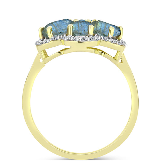 Anel de Prata com Banho de Ouro com Labradorite e Topázio Branco  Contraste: Cabeca de Veado (800)