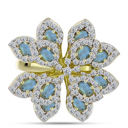 Anel de Prata com Banho de Ouro com Labradorite e Topázio Branco  Contraste: Cabeca de Veado (800)