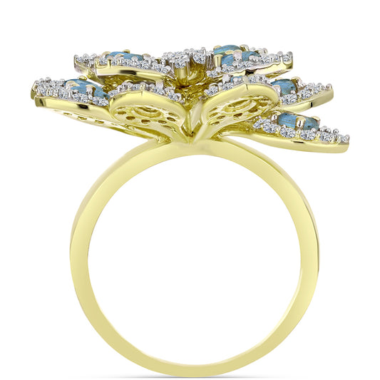 Anel de Prata com Banho de Ouro com Labradorite e Topázio Branco  Contraste: Cabeca de Veado (800)