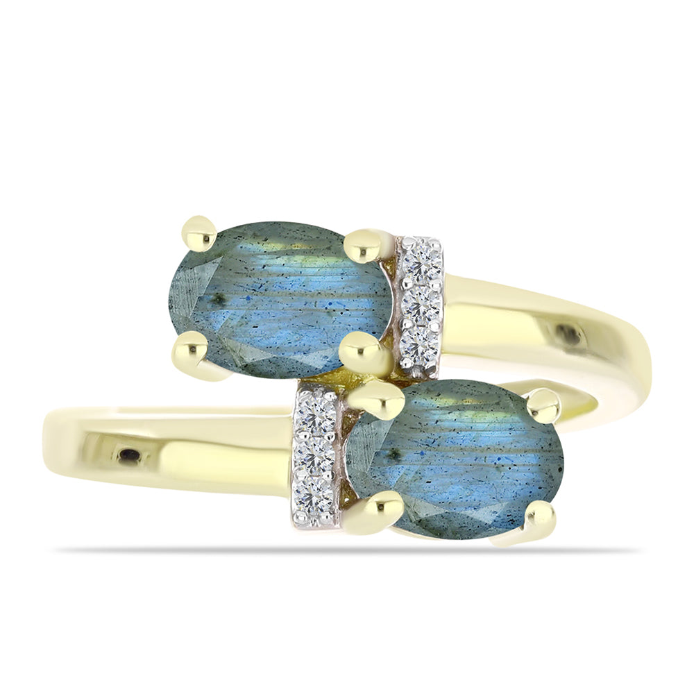 Anel de Prata com Banho de Ouro com Labradorite e Topázio Branco  Contraste: Cabeca de Veado (800)