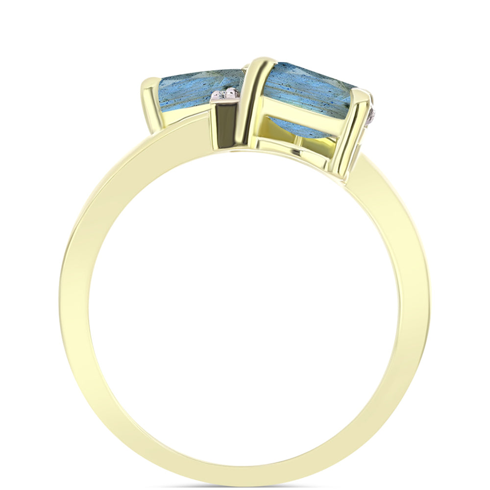 Anel de Prata com Banho de Ouro com Labradorite e Topázio Branco  Contraste: Cabeca de Veado (800)