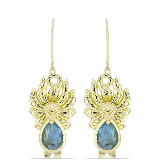 Brincos de Prata com Banho de Ouro com Labradorite  Contraste: Cabeca de Veado (800)