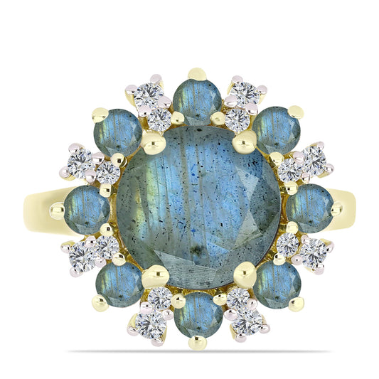Anel de Prata com Banho de Ouro com Labradorite e Topázio Branco  Contraste: Cabeca de Veado (800)