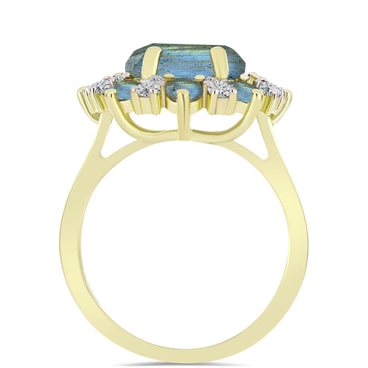 Anel de Prata com Banho de Ouro com Labradorite e Topázio Branco  Contraste: Cabeca de Veado (800)