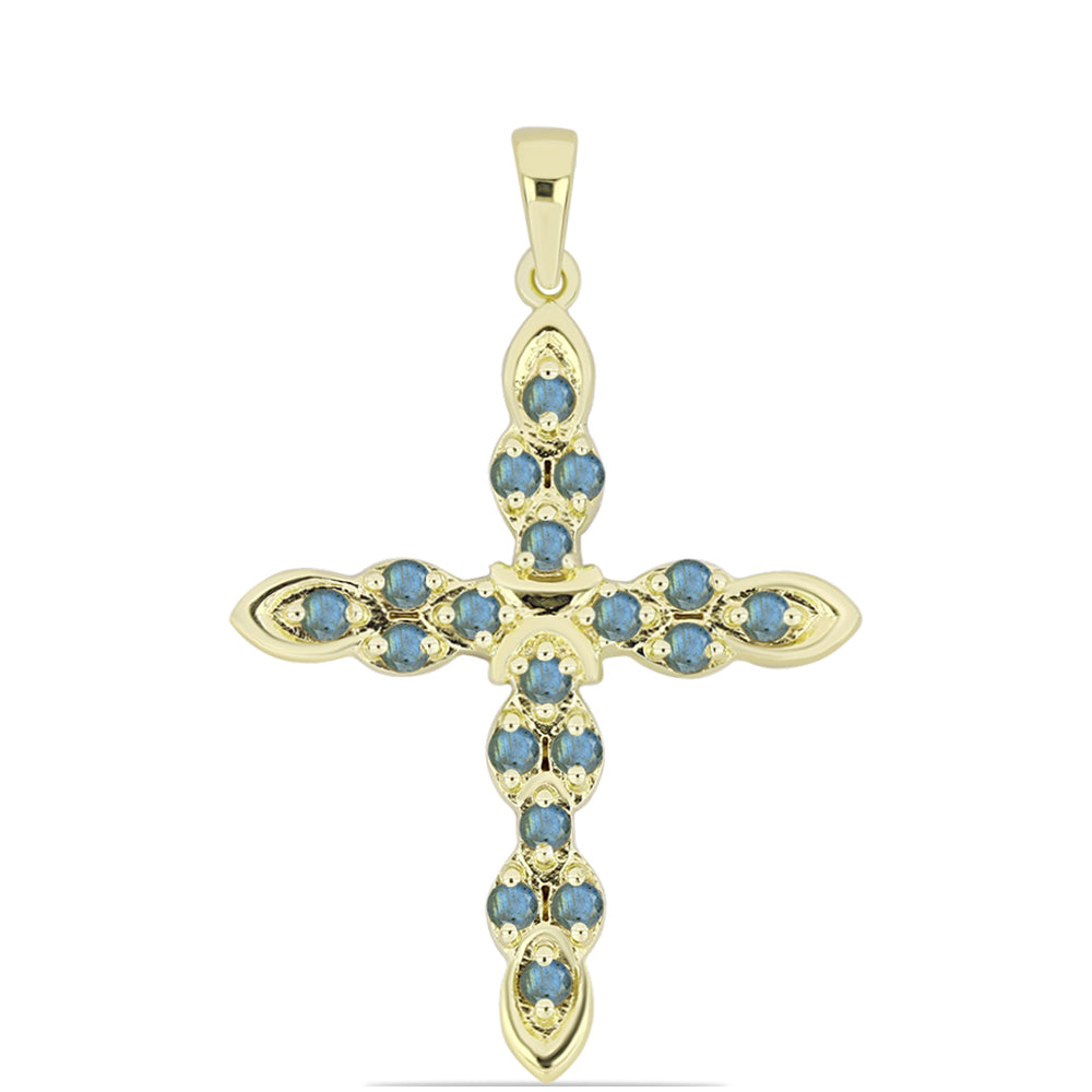 Cruz Pendente de Prata com Banho de Ouro com Labradorite  Contraste: Cabeca de Veado (800)