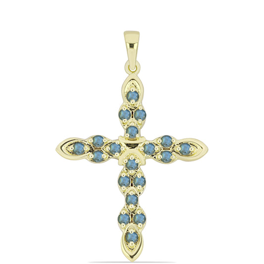 Cruz Pendente de Prata com Banho de Ouro com Labradorite  Contraste: Cabeca de Veado (800)
