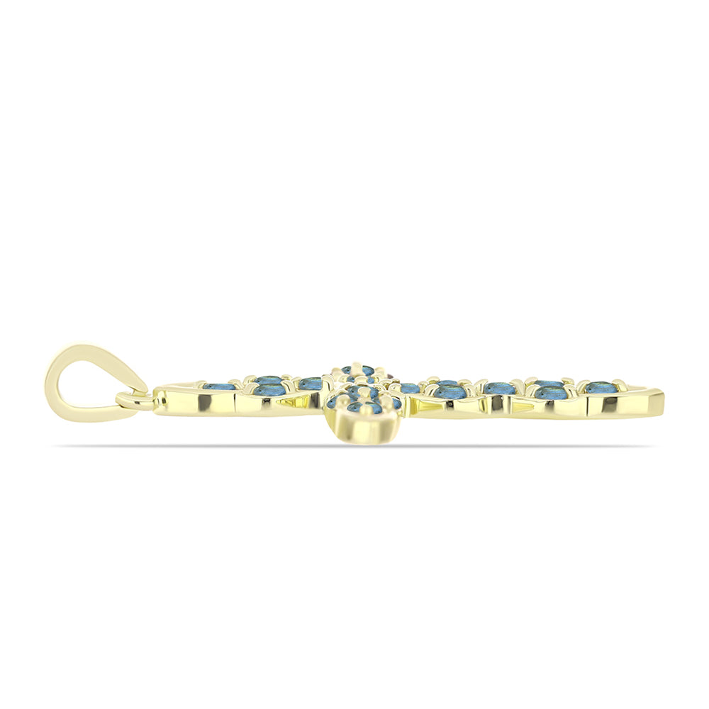 Cruz Pendente de Prata com Banho de Ouro com Labradorite  Contraste: Cabeca de Veado (800)