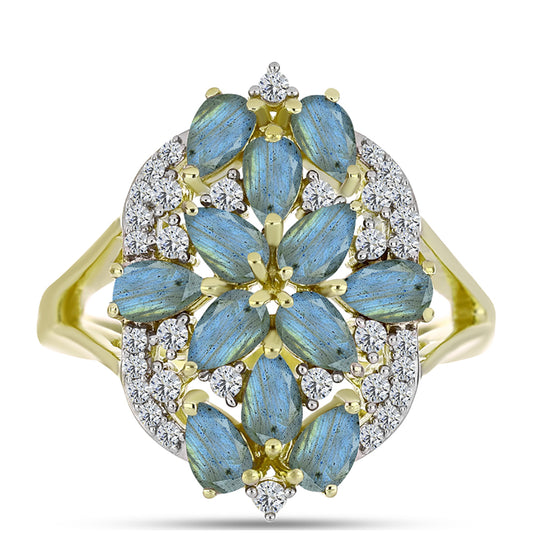Anel de Prata com Banho de Ouro com Labradorite e Topázio Branco  Contraste: Cabeca de Veado (800)