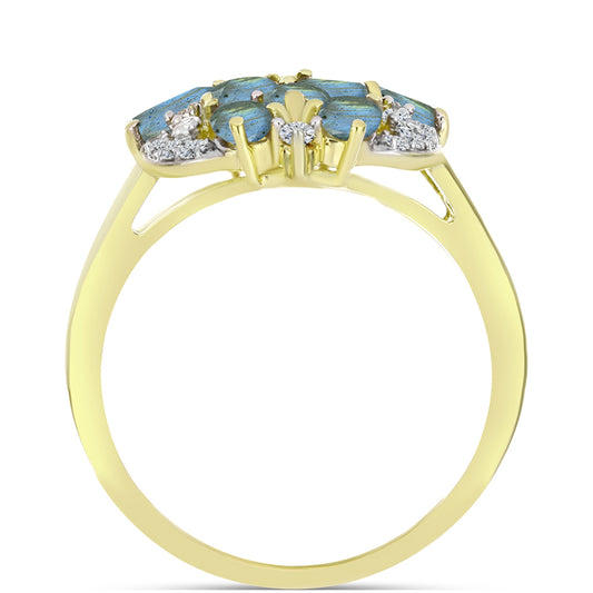 Anel de Prata com Banho de Ouro com Labradorite e Topázio Branco  Contraste: Cabeca de Veado (800)