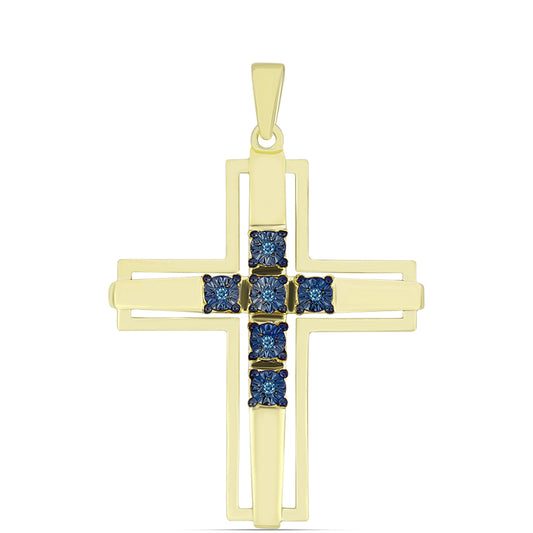 Cruz Pendente de Prata com Banho de Ouro com Diamante Azul  Contraste: Cabeca de Veado (800)