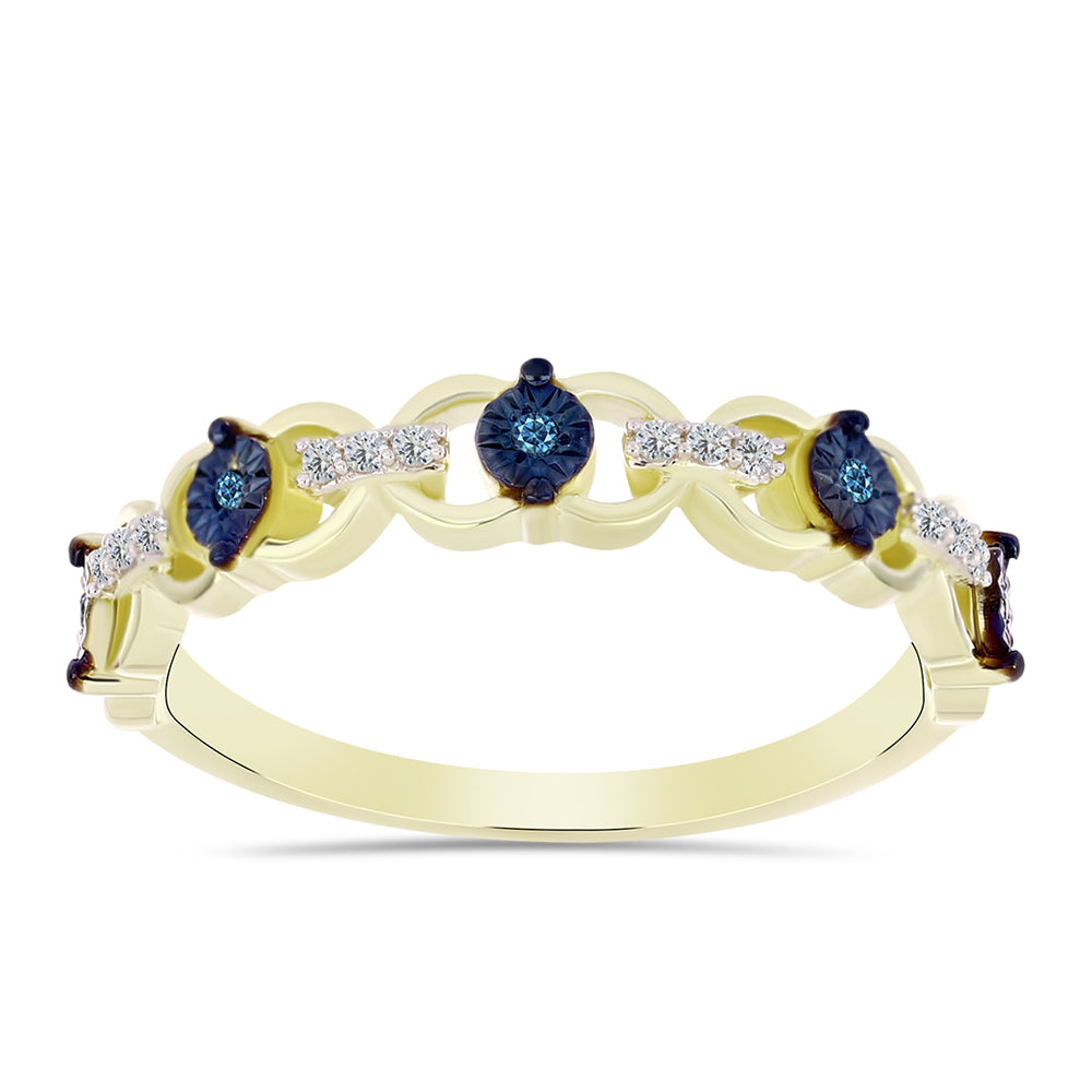 Anel de Prata com Banho de Ouro com Diamante Azul e Topázio Branco