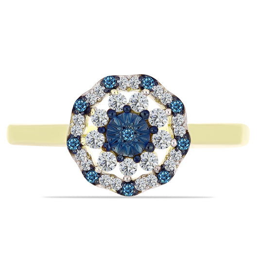 Anel de Prata com Banho de Ouro com Diamante Azul e Topázio Branco  Contraste: Cabeca de Veado (800)