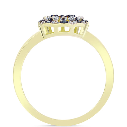 Anel de Prata com Banho de Ouro com Diamante Azul e Topázio Branco  Contraste: Cabeca de Veado (800)