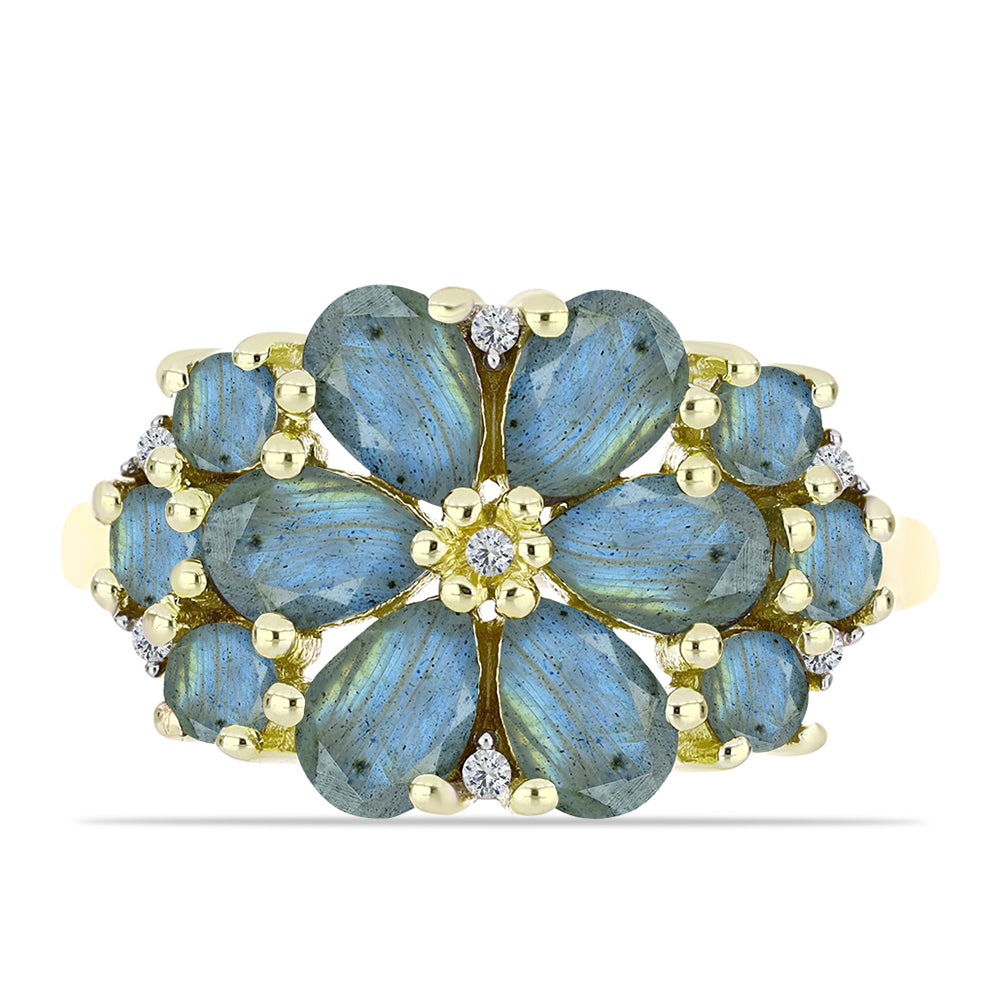 Anel de Prata com Banho de Ouro com Labradorite e Topázio Branco  Contraste: Cabeca de Veado (800) 1 