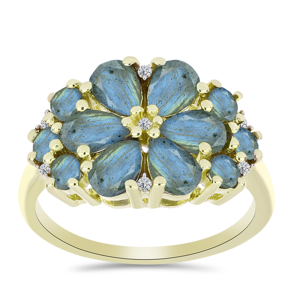 Anel de Prata com Banho de Ouro com Labradorite e Topázio Branco  Contraste: Cabeca de Veado (800)
