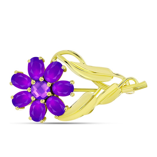 Alfinete de Prata com Banho de Ouro com Ágata Roxa  Contraste: Cabeca de Veado (800)