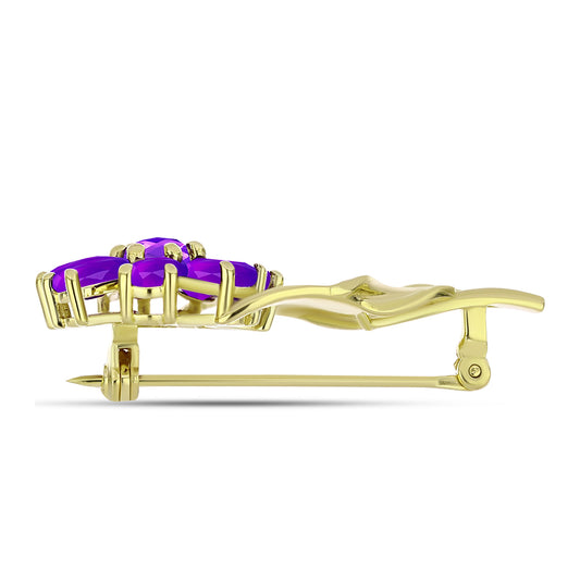 Alfinete de Prata com Banho de Ouro com Ágata Roxa  Contraste: Cabeca de Veado (800)