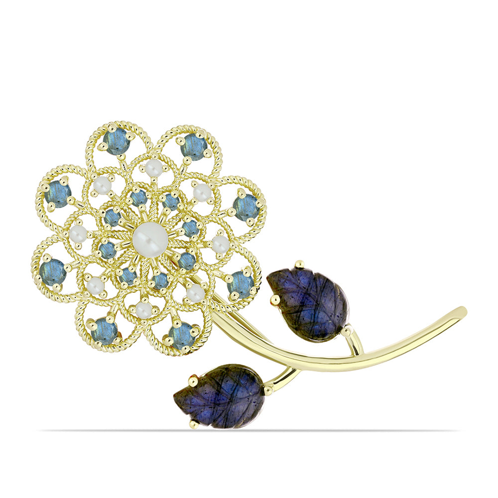 Alfinete de Prata com Banho de Ouro com Labradorite e Pérola Branca de Água Doce  Contraste: Cabeca de Veado (800)