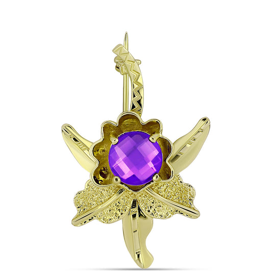 Alfinete de Prata com Banho de Ouro com Ágata Roxa  Contraste: Cabeca de Veado (800)