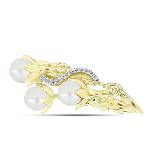 Alfinete de Prata com Banho de Ouro com Pérola Branca de Água Doce e Topázio Branco  Contraste: Cabeca de Veado (800)
