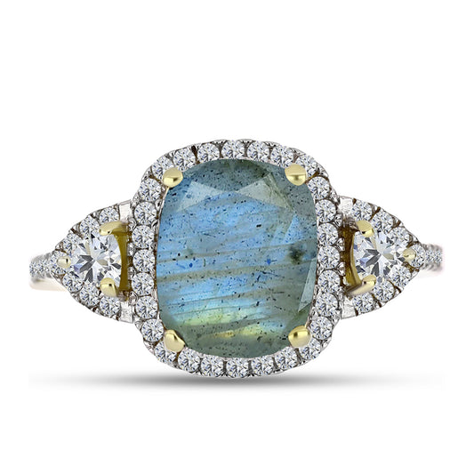 Anel de Prata com Banho de Ouro com Labradorite e Topázio Branco