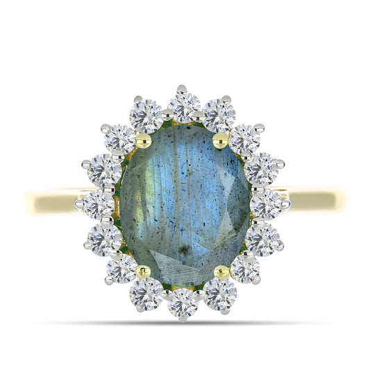 Anel de Prata com Banho de Ouro com Labradorite e Topázio Branco