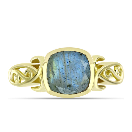 Anel de Prata com Banho de Ouro com Labradorite  Contraste: Cabeca de Veado (800)