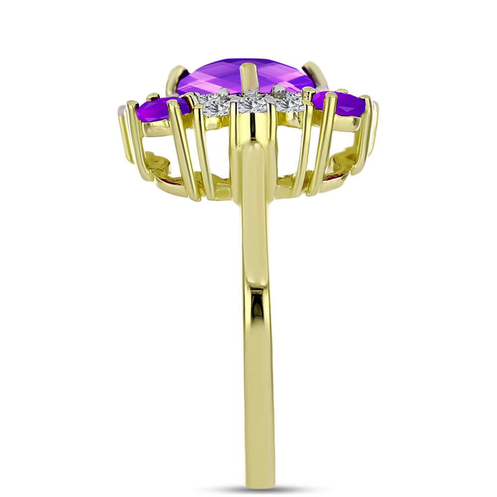 Anel de Prata com Banho de Ouro com Ágata Roxa e Topázio Branco  Contraste: Cabeca de Veado (800)