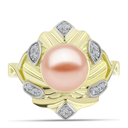 Anel de Prata com Banho de Ouro com Pérola de Água Doce Cor Pêssego e Topázio Branco  Contraste: Cabeca de Veado (800)