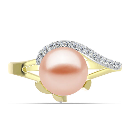 Anel de Prata com Banho de Ouro com Pérola de Água Doce Cor Pêssego e Topázio Branco  Contraste: Cabeca de Veado (800)