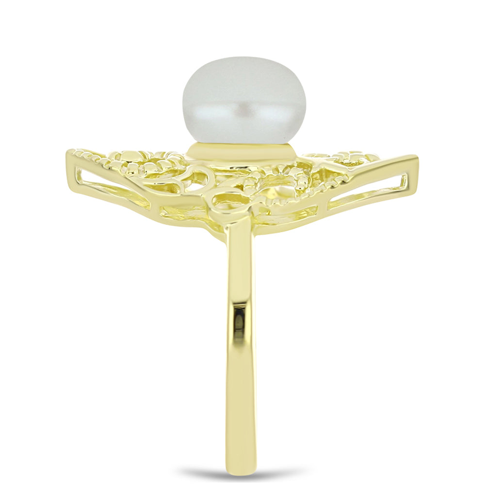 Anel de Prata com Banho de Ouro com Pérola Branca de Água Doce  Contraste: Cabeca de Veado (800) 4 