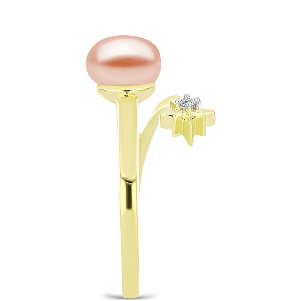 Anel de Prata com Banho de Ouro com Pérola de Água Doce Cor Pêssego e Topázio Branco