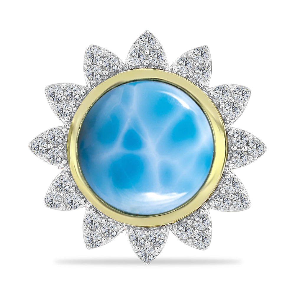 Anel de Prata com Banho de Ouro com Larimar e Topázio Branco  Contraste: Cabeca de Veado (800)