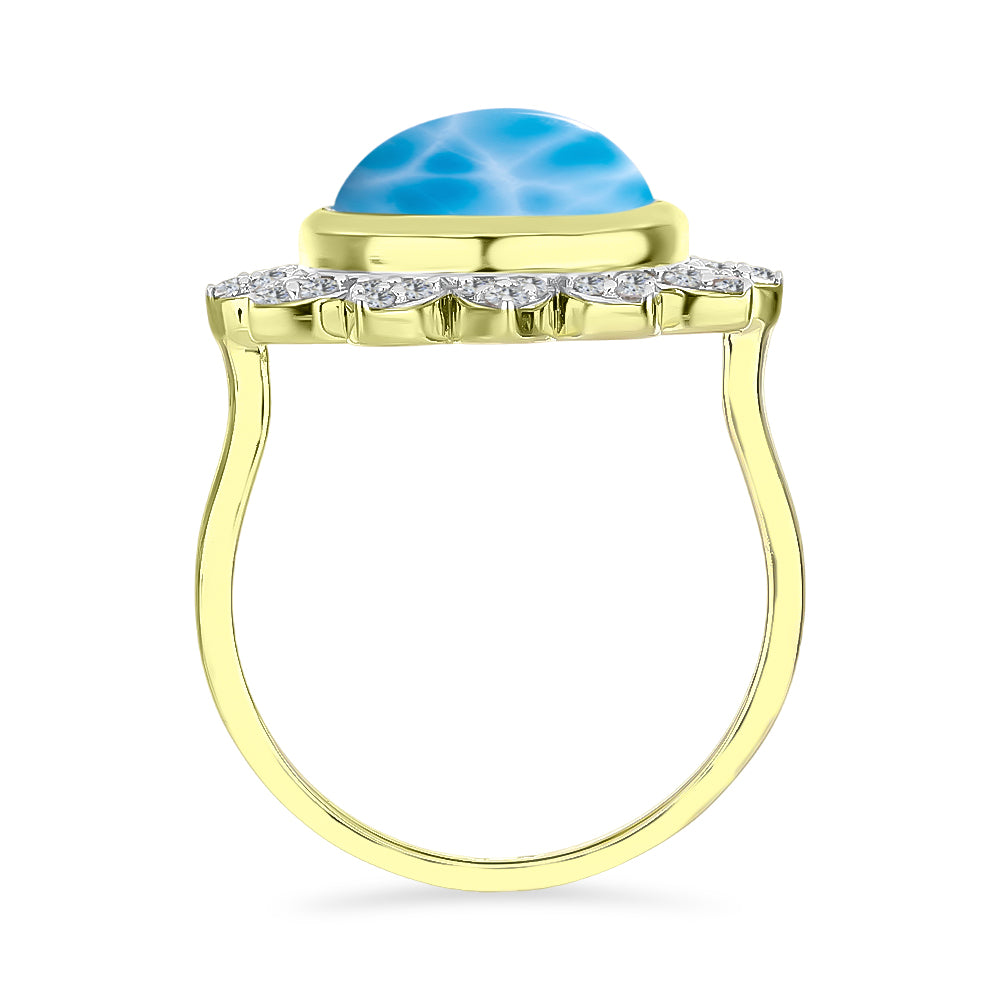 Anel de Prata com Banho de Ouro com Larimar e Topázio Branco  Contraste: Cabeca de Veado (800)