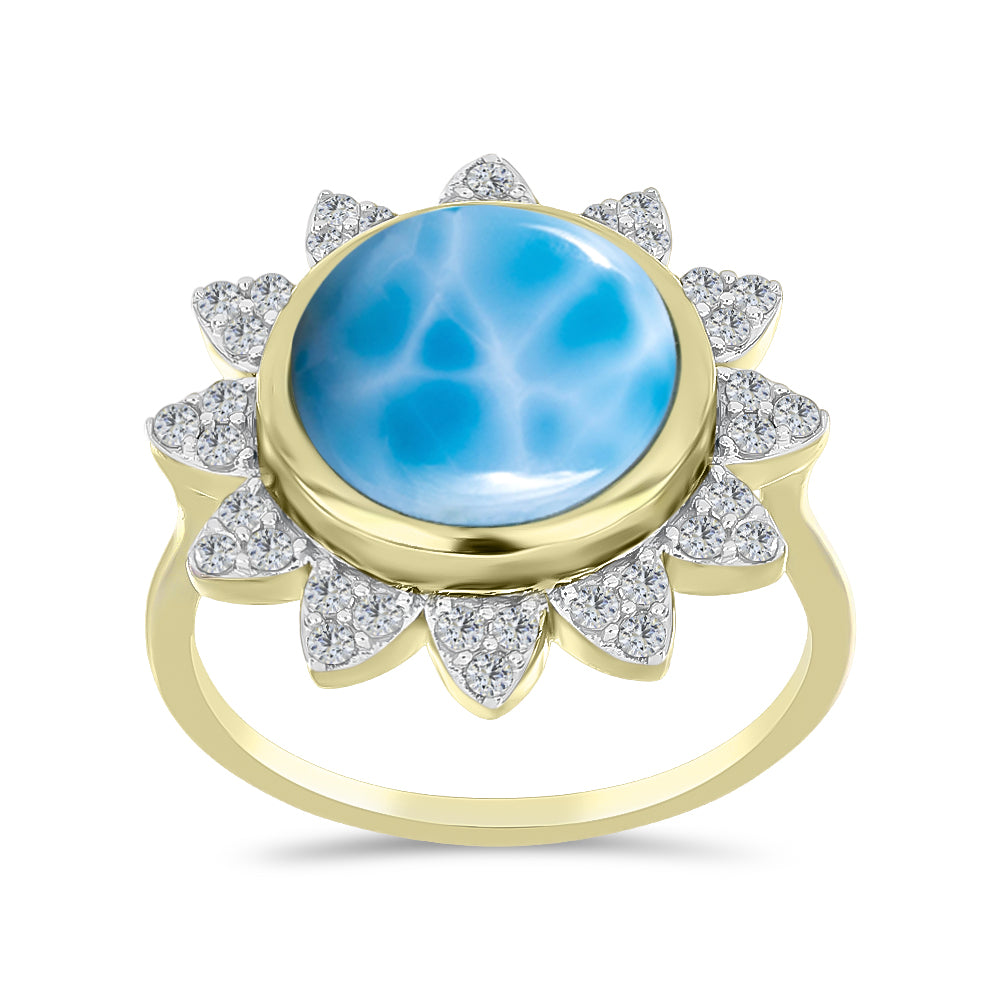 Anel de Prata com Banho de Ouro com Larimar e Topázio Branco  Contraste: Cabeca de Veado (800)