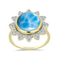 Anel de Prata com Banho de Ouro com Larimar e Topázio Branco  Contraste: Cabeca de Veado (800)