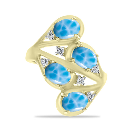 Anel de Prata com Banho de Ouro com Larimar e Topázio Branco  Contraste: Cabeca de Veado (800)