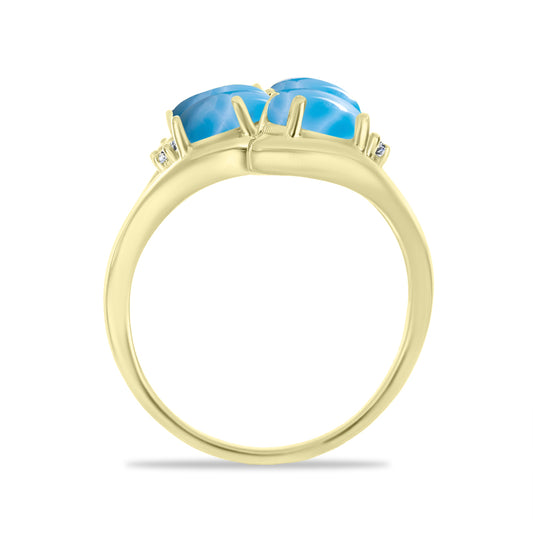 Anel de Prata com Banho de Ouro com Larimar e Topázio Branco  Contraste: Cabeca de Veado (800)