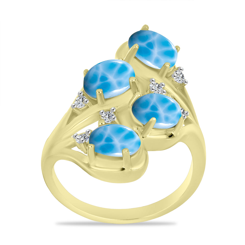 Anel de Prata com Banho de Ouro com Larimar e Topázio Branco  Contraste: Cabeca de Veado (800)