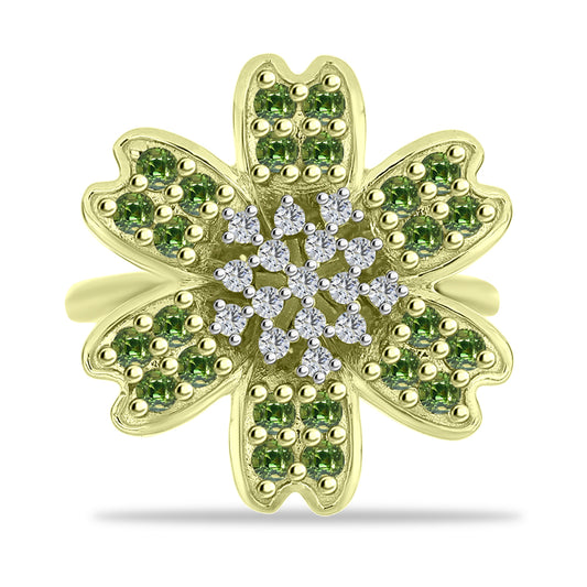 Anel de Prata com Banho de Ouro com Safira Verde e Topázio Branco  Contraste: Cabeca de Veado (800)